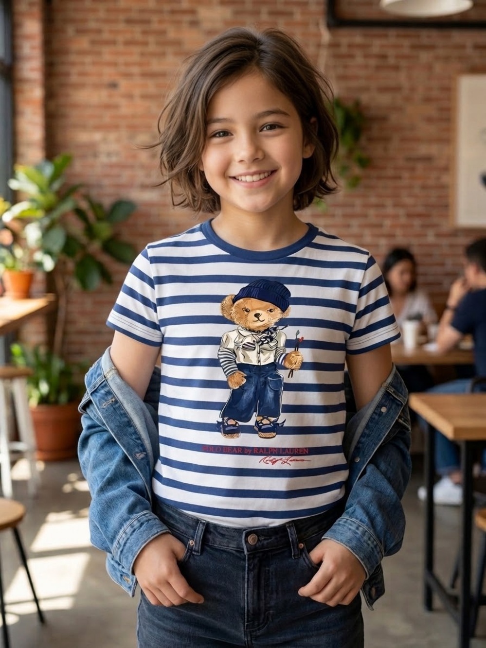 Polo by Ralph Lauren Navy & White Striped Bear Graphic Tee （8-10 years 140Cm）